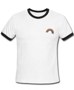 White Contrast Trim Rainbow Embroider T-Shirt