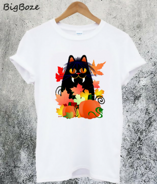 Black Halloween Kitty and Pumpkins T-Shirt