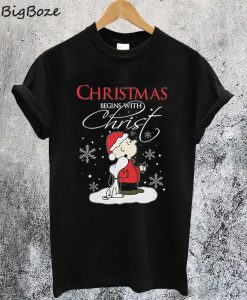 Snoopy and Charlie Brown Christmas Begins with Christ T-Shirt