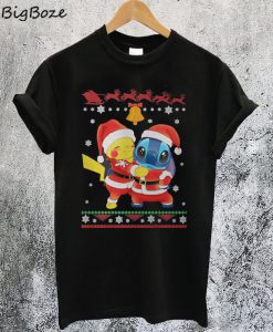 Pikachu Hug Stitch Christmas T-Shirt