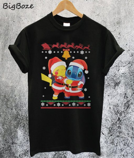 Pikachu Hug Stitch Christmas T-Shirt