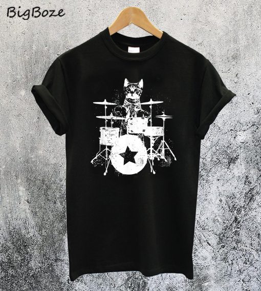 Punk Rockstar Kitten Kitty Cat Drummer Playing Drums T-Shirt